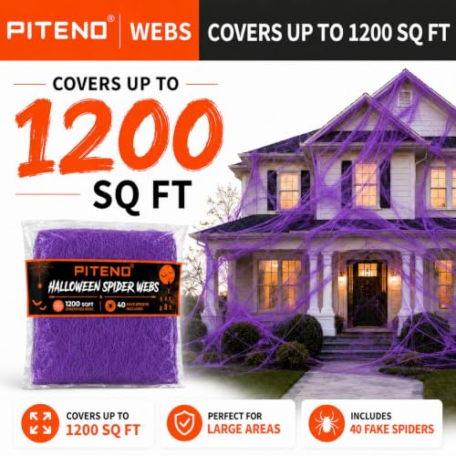 Purple Halloween Spider Webs Decoration Kit - 1200 sqft Stretchable Web with 40 Fake Spiders