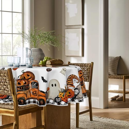 Halloween Round Tablecloth 90 Inch - Ghost Pumpkin Design, Orange