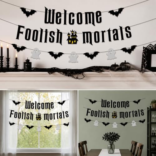 Halloween Welcome Foolish Mortals Banner - Haunted House Party Decor