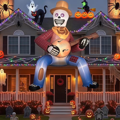 12FT Outdoor Inflatable Skeleton Cowboy with Banjo LED Lights - Halloween Yard Decor - Variation: Brown Cowboy