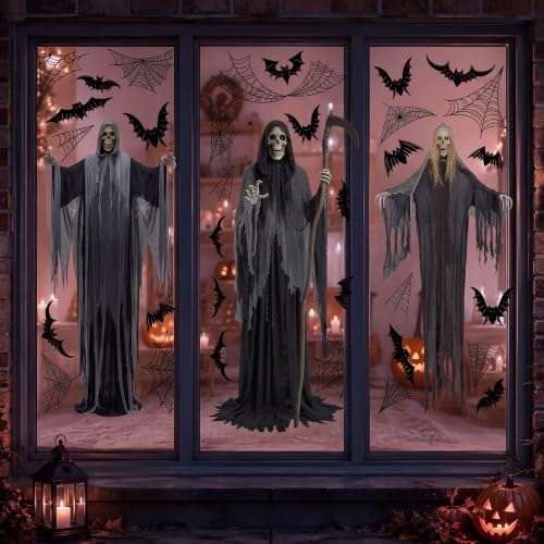 Halloween Skeleton Window Clings - Extra Large Ghost & Bat Decor, 3 Sheets