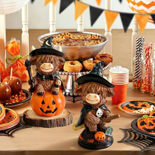 Halloween Highland Cow Figurines Set - Farmhouse Fall Decor, Rustic & Festive
