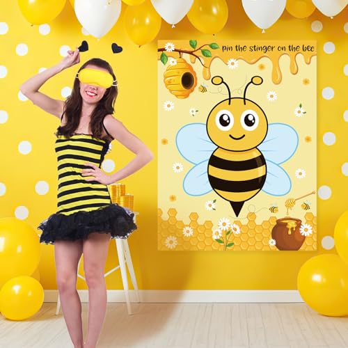 Bee Party Decorations Kit - Pin the Stinger on the Bee Game Set with Poster, Stickers & Mask - Bee Variation