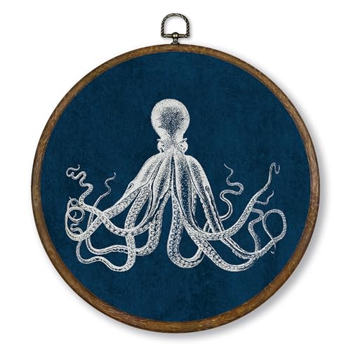 Navy Blue Coastal Octopus Wall Art Decor - Round Canvas for Living Room & Bathroom