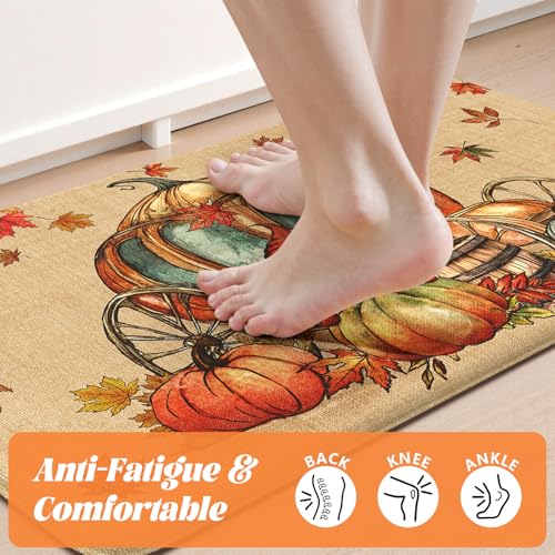 Pumpkin Carriage Fall Kitchen Mat - Cushioned Anti-Fatigue Sink Rug, 17.3x47 + 17.3x29 Inches - Orange