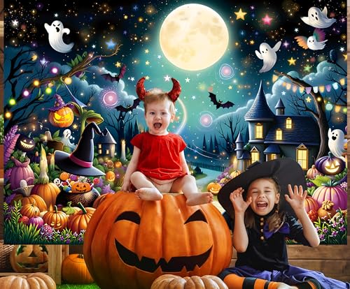 Halloween Cartoon Backdrop Full Moon Night Magic Cauldron Bat Forest Kids & Adults 8x6FT