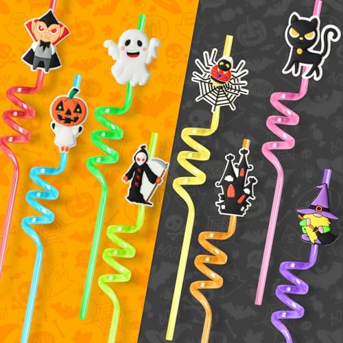 Halloween Reusable Drinking Straws Set - 24pcs Pumpkin Skull Ghost Vampire Designs