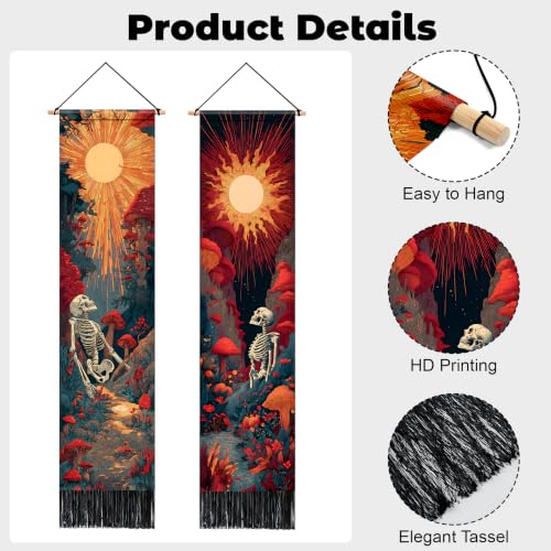 Skeleton Sun Vertical Tapestry Wall Hanging with Tassels - 13x51.1 Inch Long Wall Art for Bedroom, Living Room, Dorm - Variation: Skeleton Sun