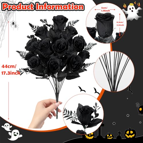 Artificial Black Rose Flowers Bouquet - 4 Pack, Realistic Silk Roses for Halloween & Fall Decor