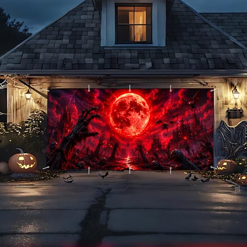 7x16 FT Halloween Garage Door Banner Cover - Scary Blood Moon Zombie Hands - Variation 248