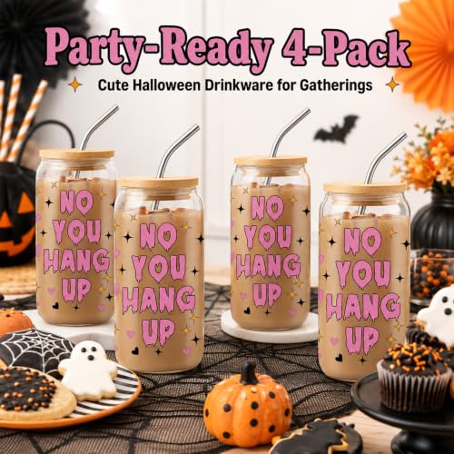 Halloween Ghost Glass Cups with Lids & Straws - Multicolor-1, 16oz Skull Coffee Mug Set