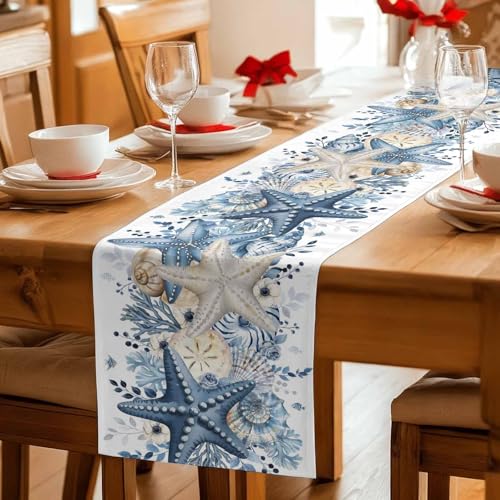 White Coastal Table Runner 13x70 Inches Summer Starfish Nautical Decor