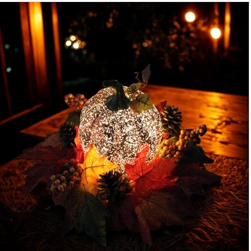 Lighted Pumpkin Fall Decor with LED String, Faux Leaves Berries Pinecones - Indoor Outdoor Thanksgiving Centerpiece