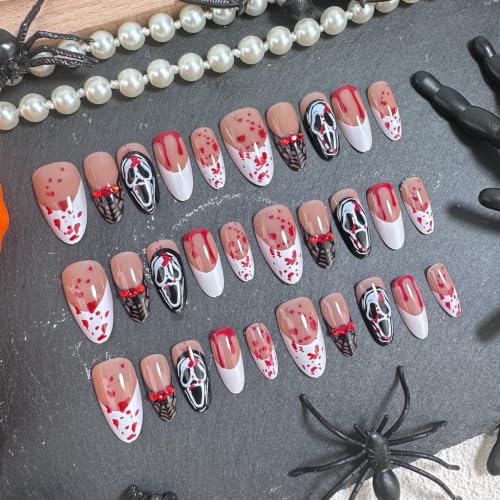 Halloween Press On Nails Almond Bloody French Tip Spider Web Ghost Set - Colorful 9