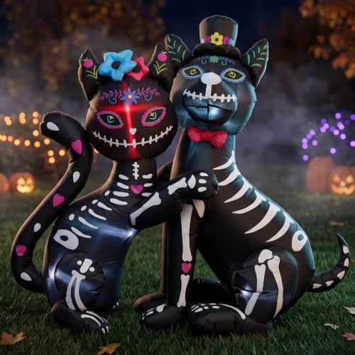 4ft Halloween & Day of the Dead Inflatable with Cat & Dog - Skeleton & Sugar Skull Duo, LED Lights, Weather-Resistant Decoration