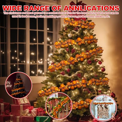 Christmas Ornament Garland - 6 Ft Orange Decorative String of Bulbs - 2 Pack