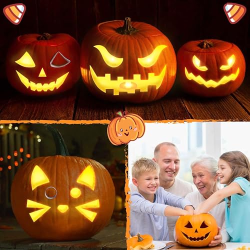 Kids Pumpkin Carving Kit with Stencils LED Candle Lights Halloween Decorations