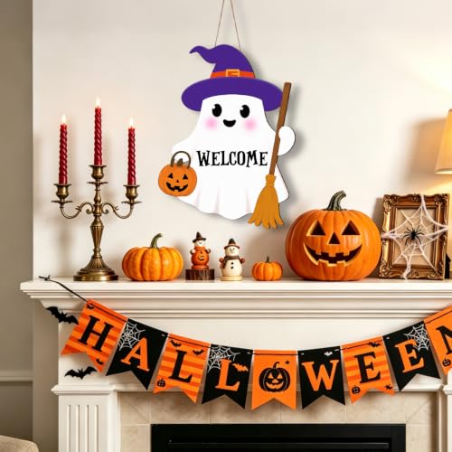 Halloween Ghost Door Wreath Hanger Sign with Welcome - White Ghost Variation