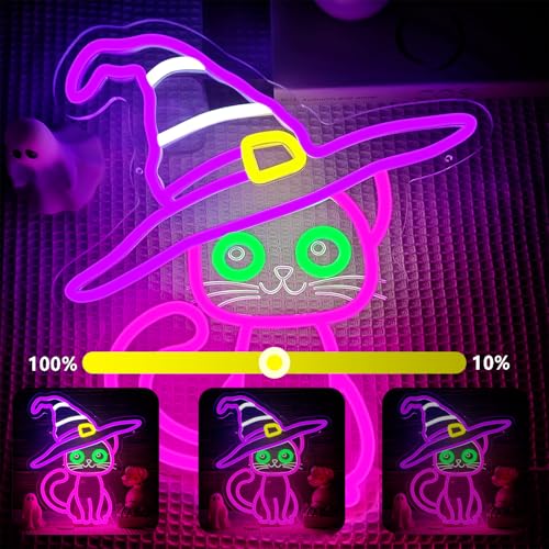 Halloween Cat Neon Sign Dimmable Multi-Color LED Halloween Decoration with Variation - White, Purple, Yellow, Green, Pink