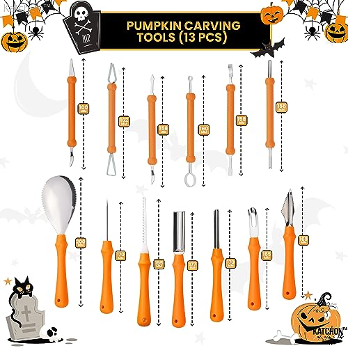 Pumpkin Carving Kit with 13 Heavy Duty Stainless Steel Tools & 18 Halloween Stencil Designs