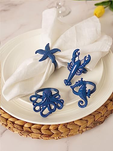Blue Coastal Sea Creatures Napkin Ring Set of 6 - Beach & Summer Table Decor
