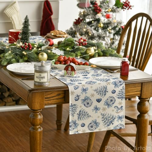 13 x 108 Inch Christmas Table Runner - Blue Winter Holiday Decor - Artoid Mode