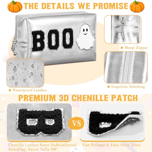 Halloween Makeup Bag with Chenille Patch - Silver - Large Travel Cosmetic Organizer