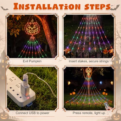 Gerrii 14FT Halloween Pumpkin Waterfall String Lights - USB Outdoor Decor