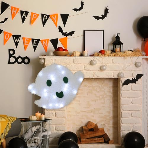 Halloween Hanging Ghost Lighted Decoration - White LED, 14.4 Inches, Auto Timer, Indoor Outdoor Use - White Ghost Variation