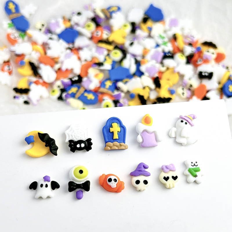 Halloween 3D Ghost Nail Charms Set with Pumpkin Skull Cats Bats Rhinestones - Cat Bats Variation