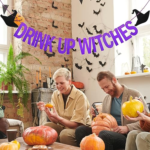 Purple Drink Up Witches Banner Halloween Party Decor Glitter Sign