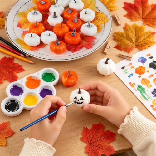 Mini Foam Pumpkins and Maple Leaves Fall Decor Set - White, Orange, Yellow, Speckled