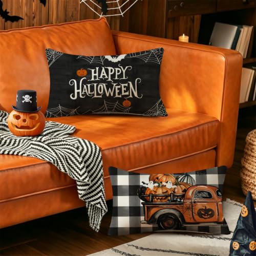 20x12 Inch Halloween Throw Pillow Covers Set of 4 Spooky Bat Spider Web Pumpkin Decor