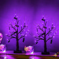 2 Pack Lighted Halloween Bonsai Tree with Purple LED Lights & Bat Ornaments - 18 Inch Spooky Decor