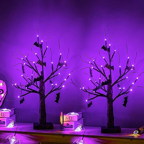 2 Pack Lighted Halloween Bonsai Tree with Purple LED Lights & Bat Ornaments - 18 Inch Spooky Decor