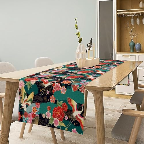 Japanese Crane Table Runner - Asian Vintage Red Faux Linen 13x108in - Variation W13"x L108" / Asian Red-8