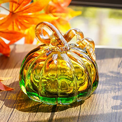 QFkris 5 Inch Hand Blown Glass Pumpkin Figurine - Olive Green Fall Decor