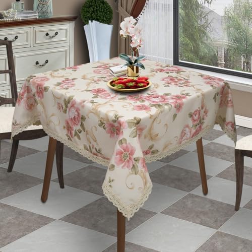 Red Floral Square Tablecloth 38x38 Inch Waterproof Spillproof Kitchen & Dining Cover - Clr 050