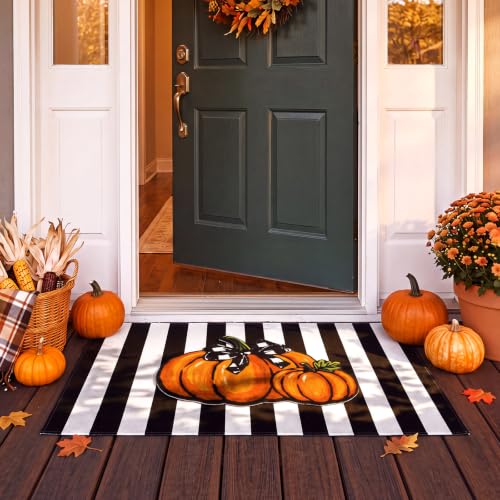 Fall Doormat Set with Pumpkin & Striped Welcome Mats - Outdoor Porch Decor