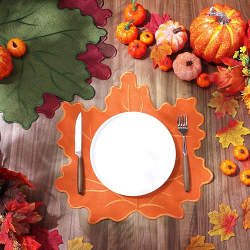 8 Pcs Maple Leaf Linen Placemats - Embroidered Washable Table Decor - Classic Design