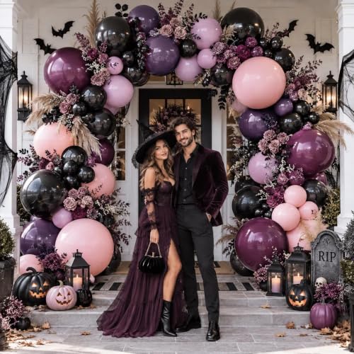 Black Pink Purple Balloons Double Stuffed Balloon Garland Kit for Halloween Birthday Baby Shower Wedding