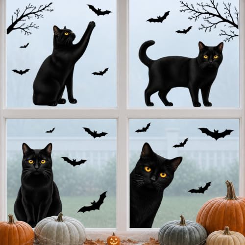 Funny Halloween Black Cat Window Clings - 6 Sheets, Static PVC Decor for Glass & Mirrors