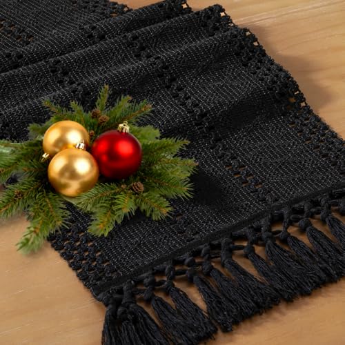 Boho Table Runner Fall Farmhouse Rustic Dresser Scarf - Black 12x60