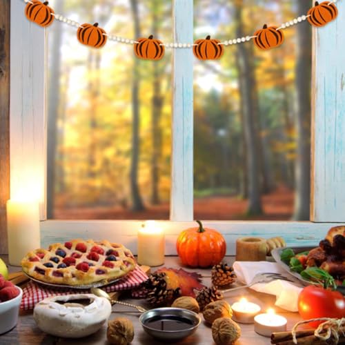 Halloween Felt Banner Garland with Wood Balls - Black & Orange Pumpkin Flags, Farmhouse Fall Decor