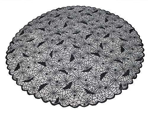 73.2-Inch Black Lace Round Tablecloth with Spider Web Design for Halloween Party