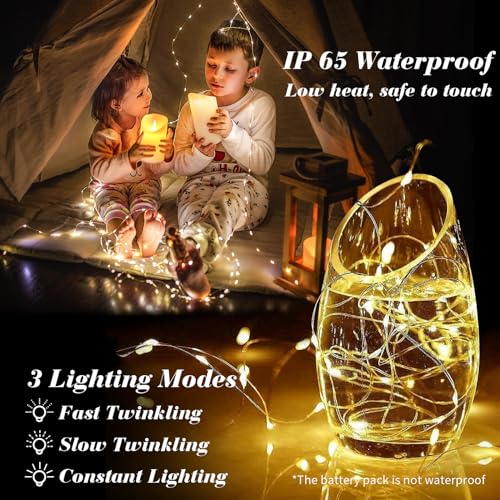 Battery Operated Fairy Lights 7ft Silver Wire 20 Mini LEDs 3 Modes - Warm White, 100 Pack