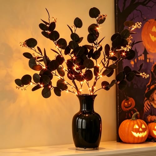 Lighted Black Eucalyptus Branches with Timer - 80 LED Halloween Tree Decor
