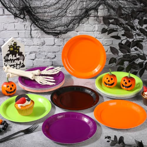 Halloween Paper Plates 7 Inch Set - Orange Green Purple Black 48 Pack - Festive Disposable Dinnerware