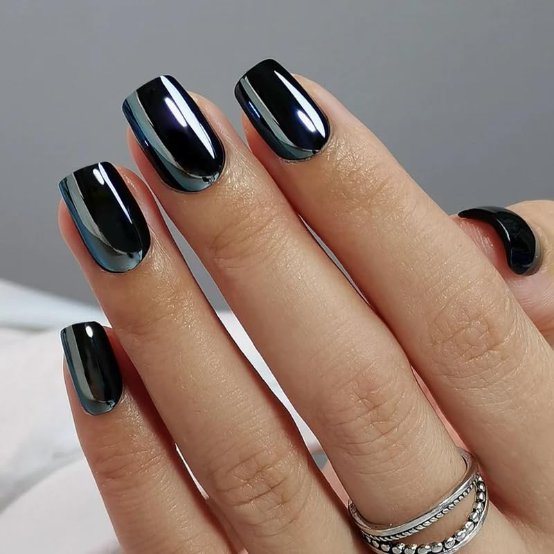 Press On Nails Mirror Glow Black - Soft Gel Square Chrome Fake Nails - Variation of Mirror Nails