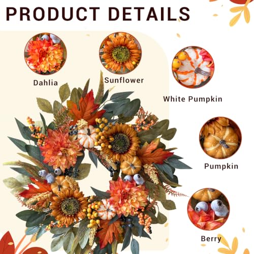Orange Fall Wreath for Front Door 24 Inch Autumn Door Decor Handmade Seasonal